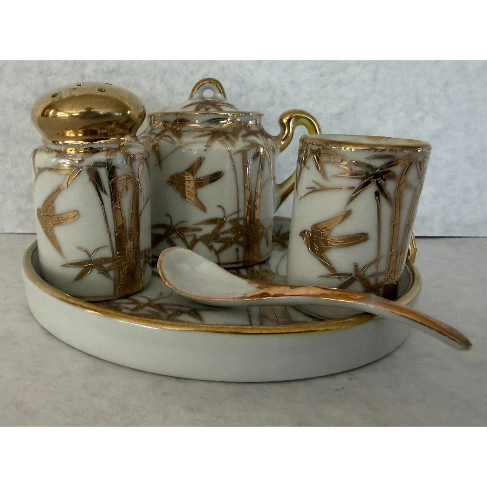 Gold Porcelain Condiment Set, Made in Japan, Mini or Demitasse Size